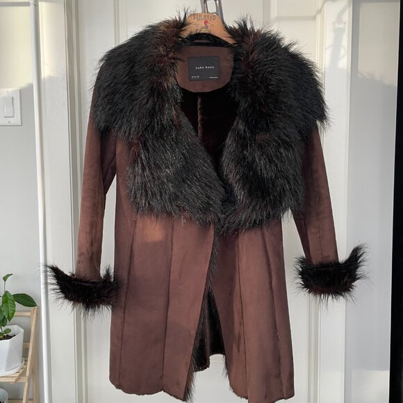 Faux fur Jacket, Y2k Fluffy Brown Faux Fur Trim Jacket, Mocha Short Afghan Coat - Picture 4 of 10